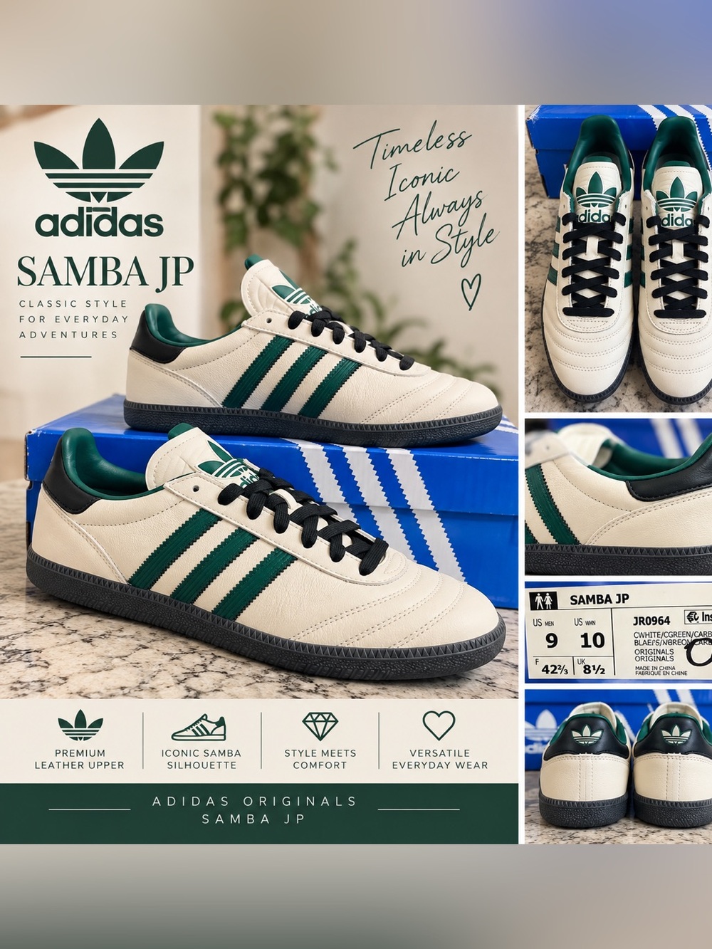 Adidas Samba JP JR0964 Cream White Green Carbon Men’s 9 Women’s 10
